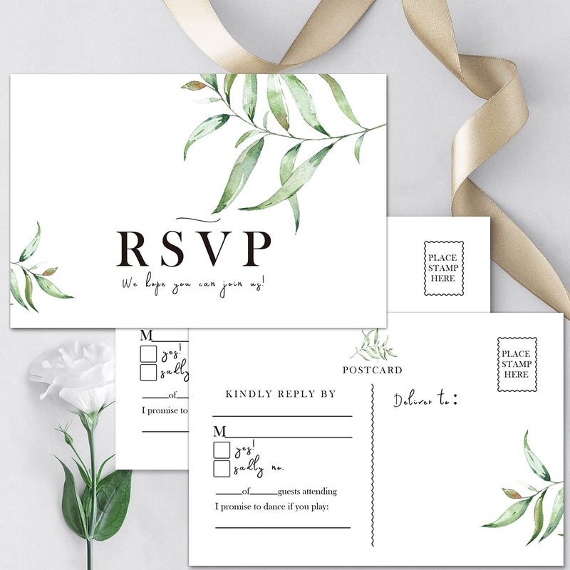 Giftideaworkshop 50 بطاقة RSVP، بطاقات RSVP لحفل الزفاف، حفل الاستحمام للعروس، حفل الاستحمام للطفل، بطاقات رد RSVP بتصميم نباتي، 4 × 6 بوصات. - Image 4